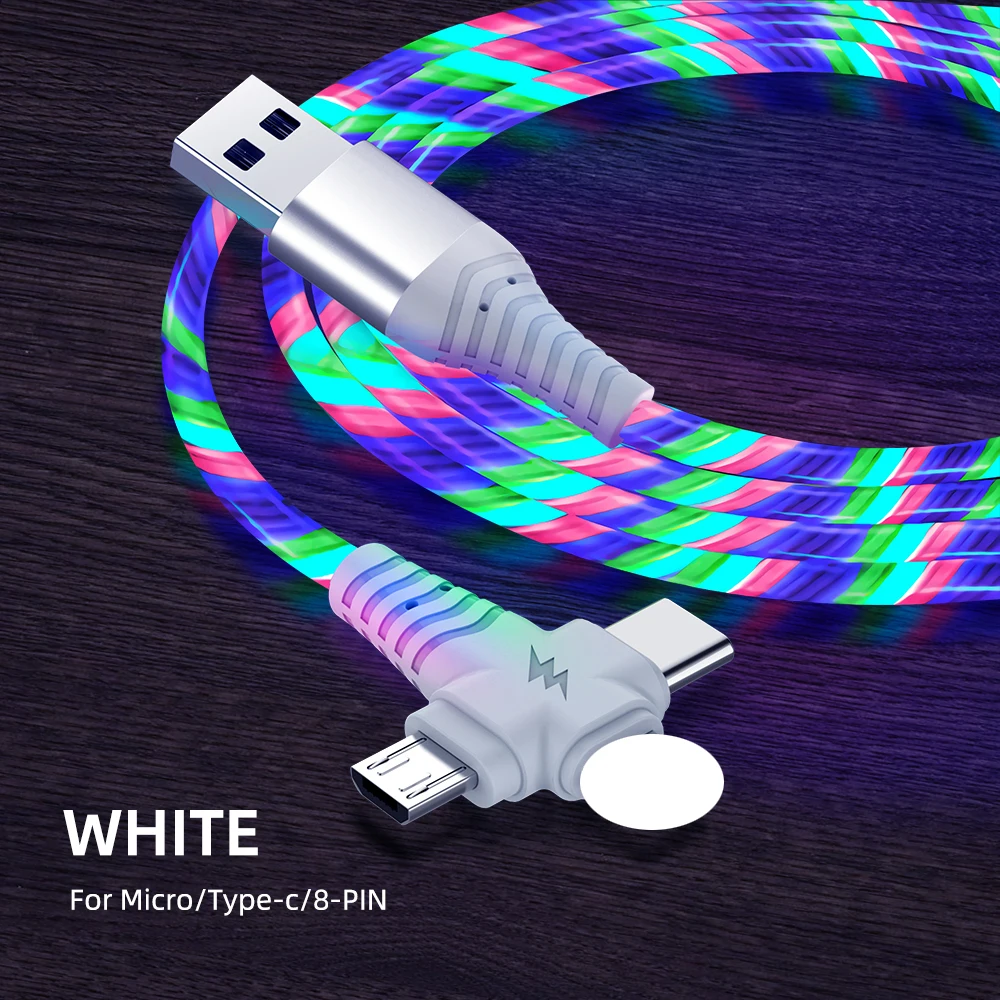 

3in1 Flow Luminous USB Charge Cable for Samsung 3 in 1 LED Micro USB Type C 8Pin Charge Cable For iPhone Huawei Xiaomi, Green red blue colorful