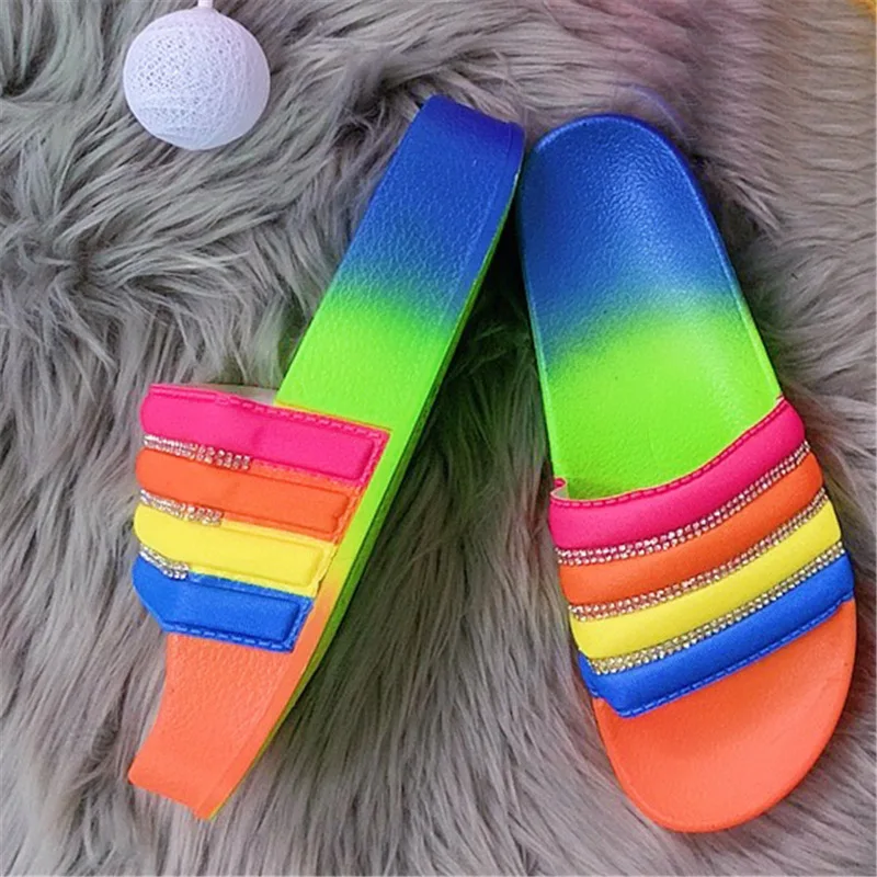 

rainbow platform shoes slippers for women diamond rhinestone flip flops ladies thick soled casual shoes open toe slide slippers