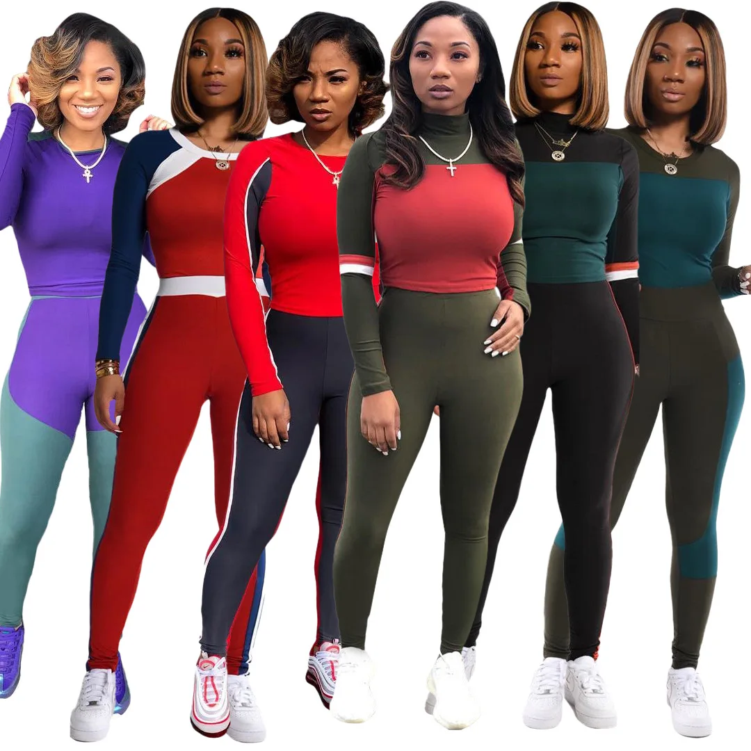 

Wholesale women long sleeve top two piece tracksuit set striped stitching color two piece set, Customized color/as show