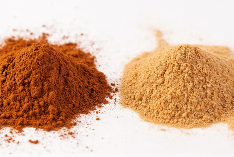 Close-up comparison of pure cinnamon powder versus cinnamon sugar mixture showing visual differences