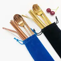 

8pcs Korean Golden Spoon Fork Chopstick Straw Set Reusable Outdoor Dinnerware Cutlery Set with Cleaning Brush & Bag