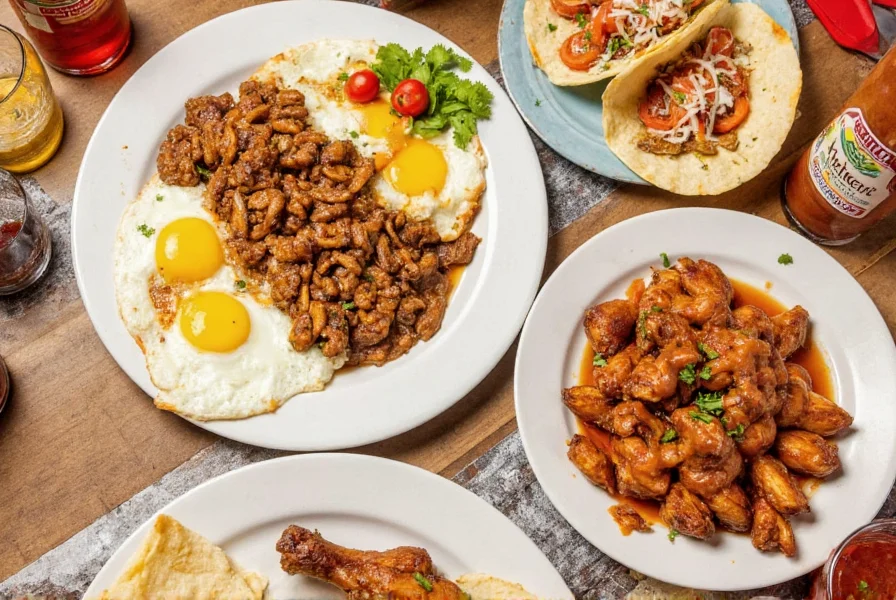 Dishes featuring Mother's Milk chili: eggs, tacos, grilled chicken with hot sauce