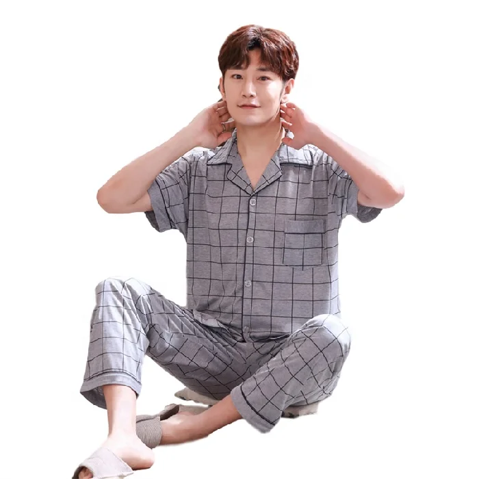 

Custom New Design Pajamas Men's Summer Leisure Homewear Cotton Plaid Summer Casual Suit, Picture color