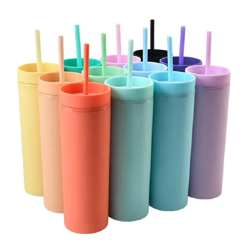 

Wholesale 16oz Skinny Tumblers Matte Colored Acrylic Tumblers with Lids Double Wall Plastic Tumblers with Straw DOM112-20069