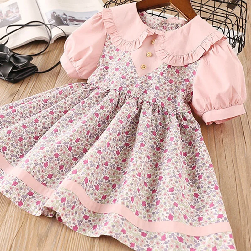 

B24627A Summer style children dress short sleeve floral dress lace princess dress, Pink