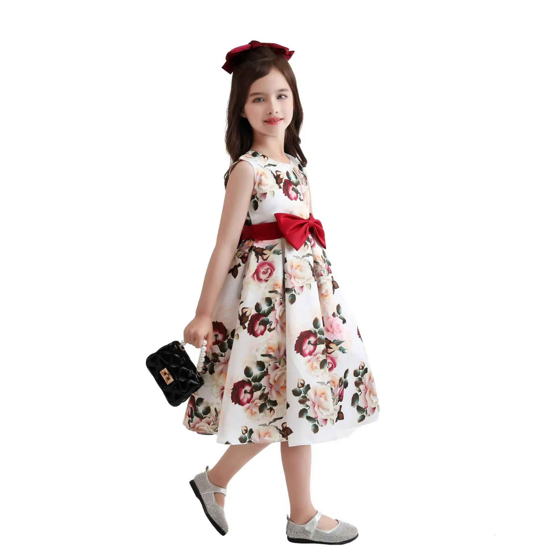 

2021 Clothes Flower Girls Dress Flutter Sleeveless Print Dresses Children Button Down Kids Girl Dress Summer