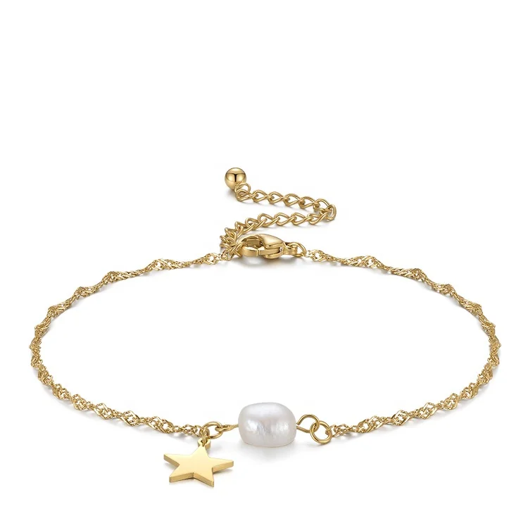 

Latest High Quality 14K Gold Plated Stainless Steel Jewelry Pearl Five-pointed Star Twisted Chain Anklet A215001