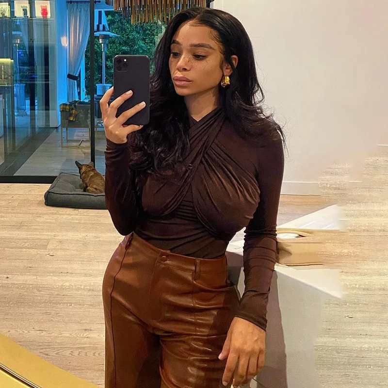 

Happy new year 2021women long sleeve bodysuit milk silk brudhed halter workout sexy jumpsuit, Black/brown