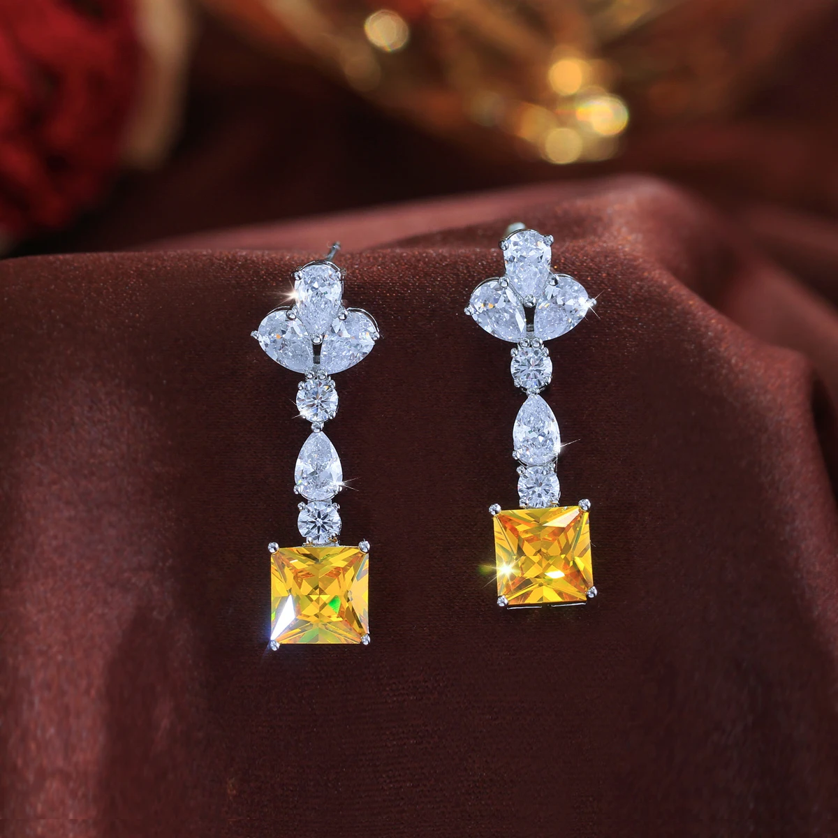 Women Leaf Square Cut Yellow Cubic Zircon Crystal Rhodium Plated Dangle Drop Earring for Ladies Fashion Korean Style Jewelry