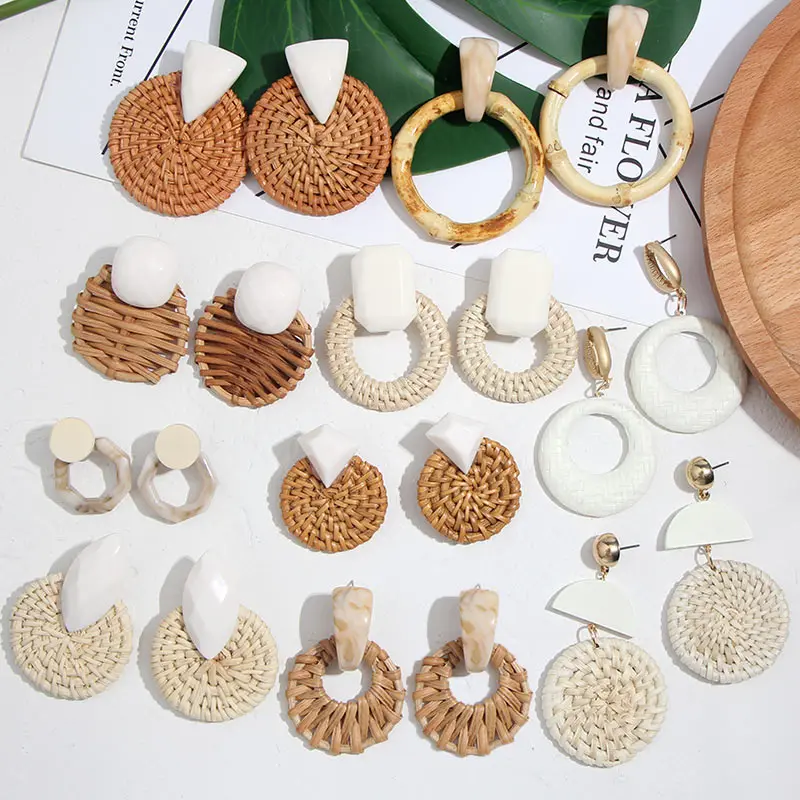 

Korea Round Drop Earrings for Women Natural Geometric Wooden Bamboo Straw Weave Rattan Knit Vine Beach Earring, Customized color