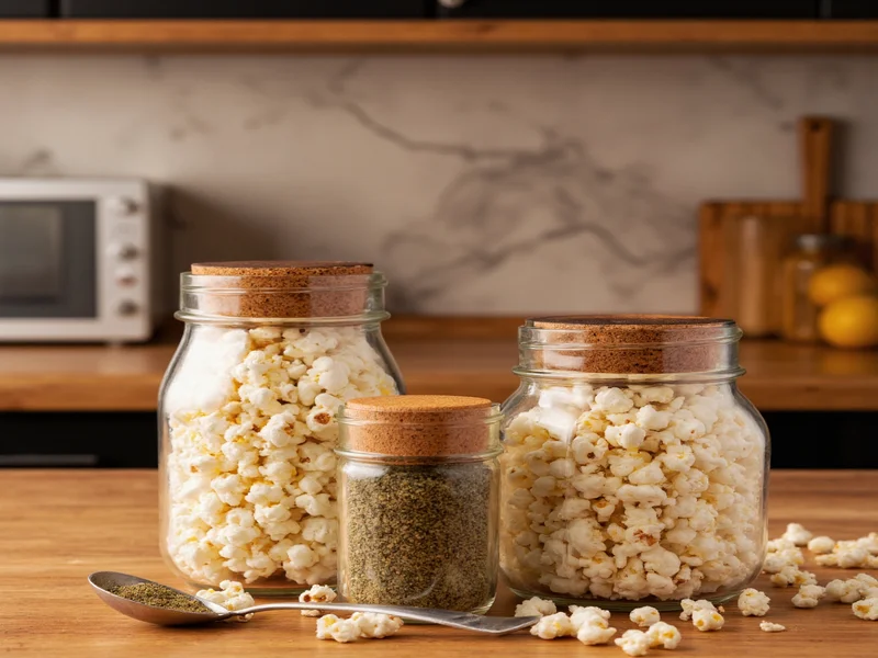 Homemade popcorn seasoning spice jars on wooden table
