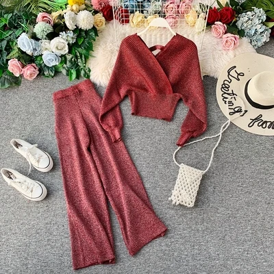 

2020 Autumn Winter Women Fashion Knitted Blouse And Long Pants Women Two Piece Sets