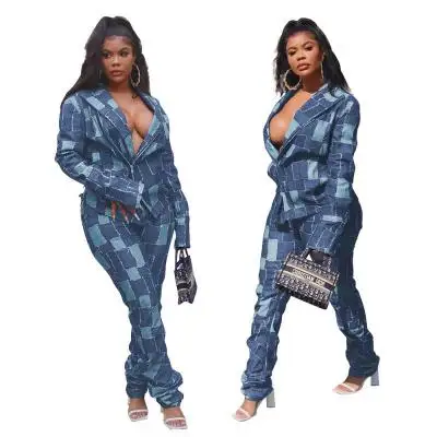 

B35341A 2021 Ready to ship sexy print irregular v neck top & Trousers set