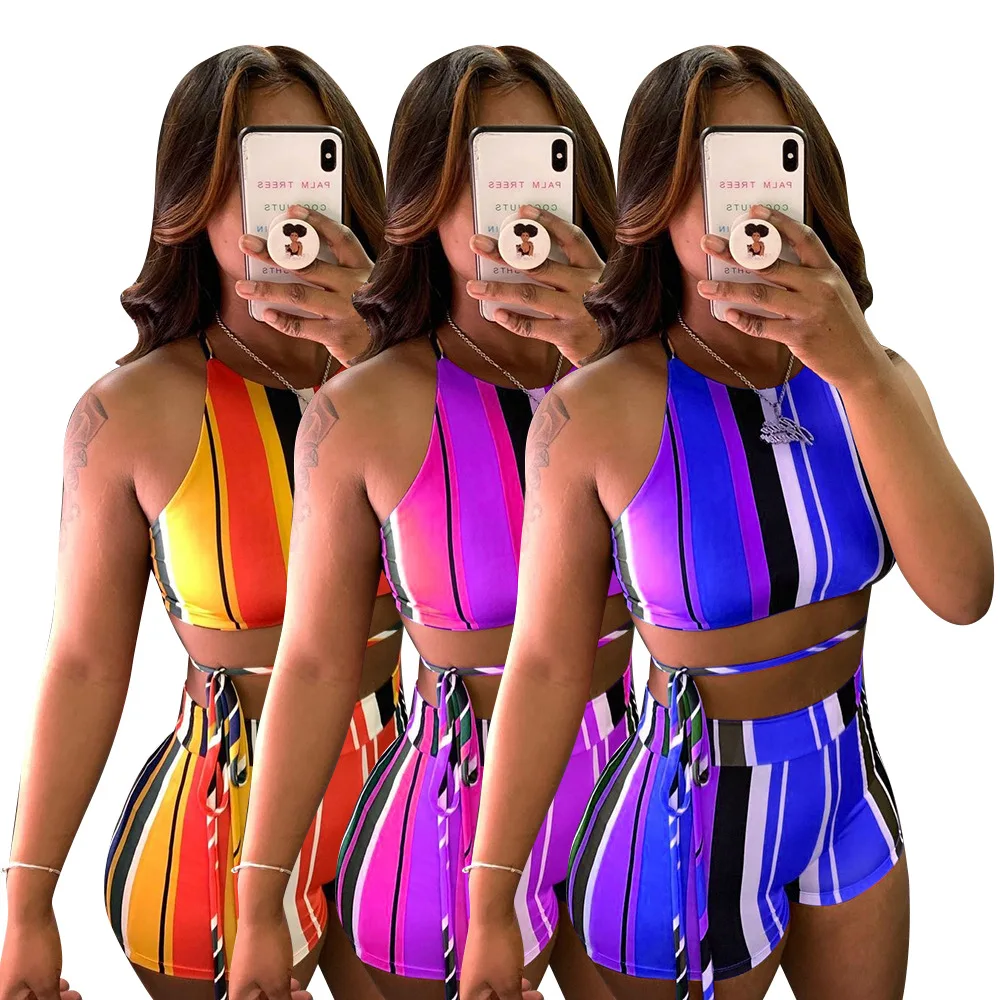 

2021summer wholesale Amazon women's summer fashion sexy color striped sleeveless shorts two-piece set neon crop top, Picture show