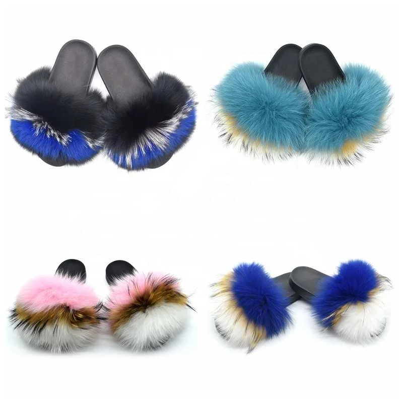 
Popular Fashion Open Toe Comfortable Real Raccoon Big Fur Slides Slippers for Women and Kids 