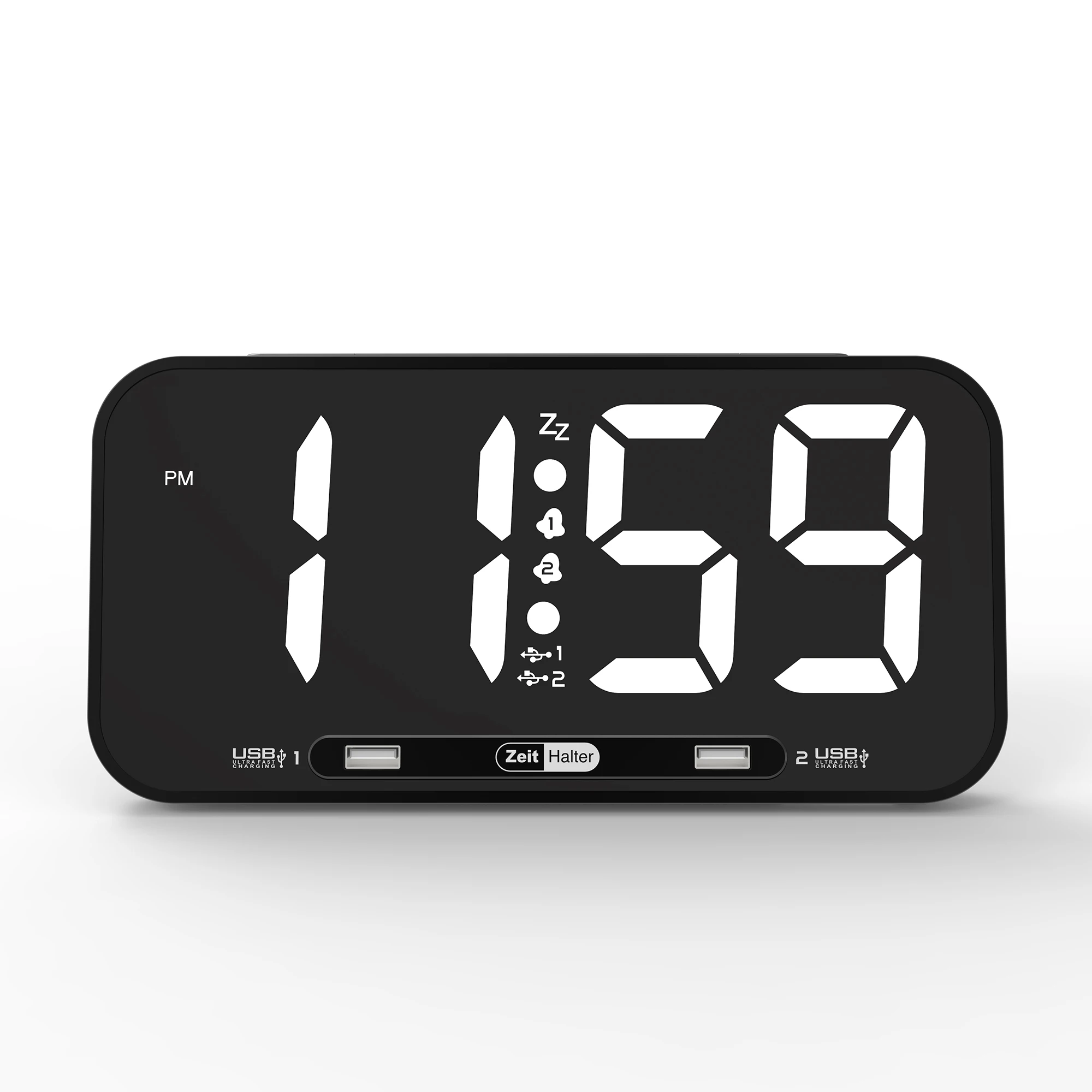 

Large Number Display 2 Alarm Digital LED Night Light Wall Clock 2 USB Charger Ports, White