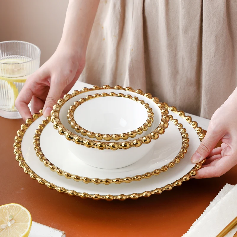 

Amazon Hot Sale Cheap Fine White Dinner Set Luxury Tableware Ceramic Plates With Gold Beads Porcelain Dinner Sets