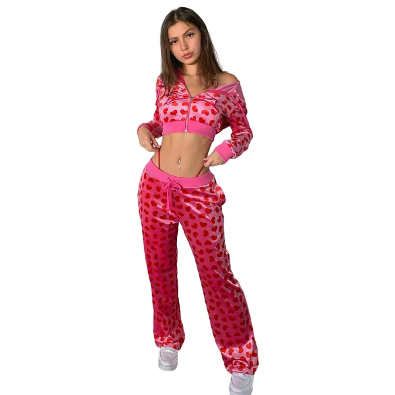 

full zip hoodie fall clothing crop sweatshirt women 2 piece set women winter sweat suit set heart print velvet sweatshirt suit