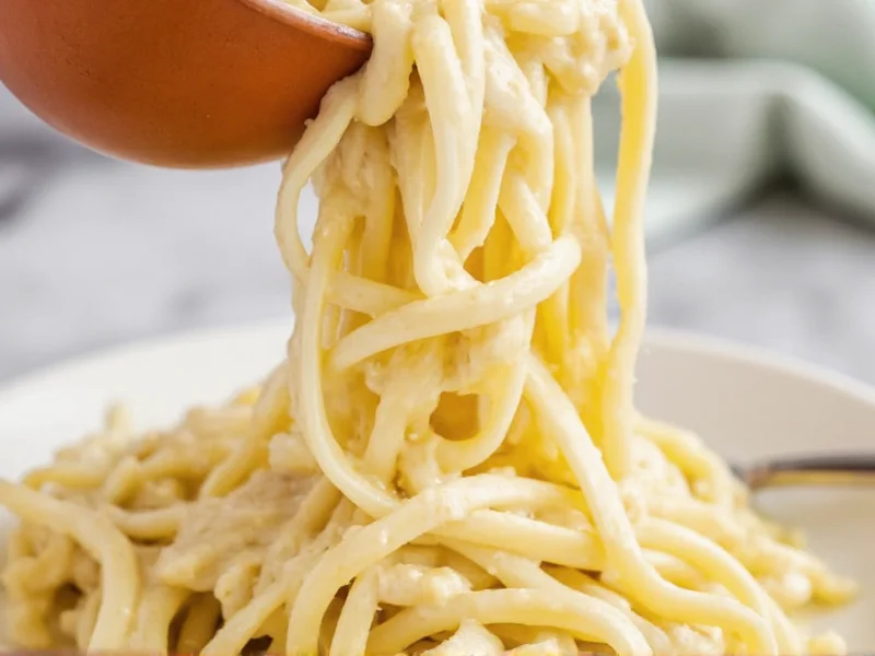 Creamy homemade alfredo sauce poured over fettuccine