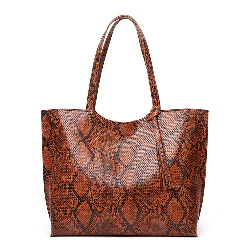 

New Arrival Designed Zipper Pocket Bag Customized Waterproof Ladies Snakeskin Structured Brown Luxury PU Woman Handbag Tote Bag