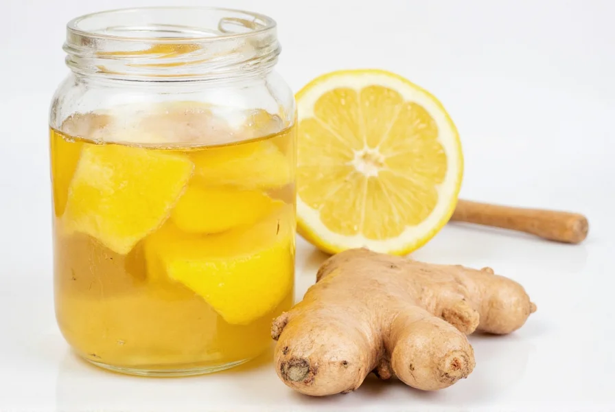 Fresh ginger root, sliced lemon, and raw honey in a glass jar