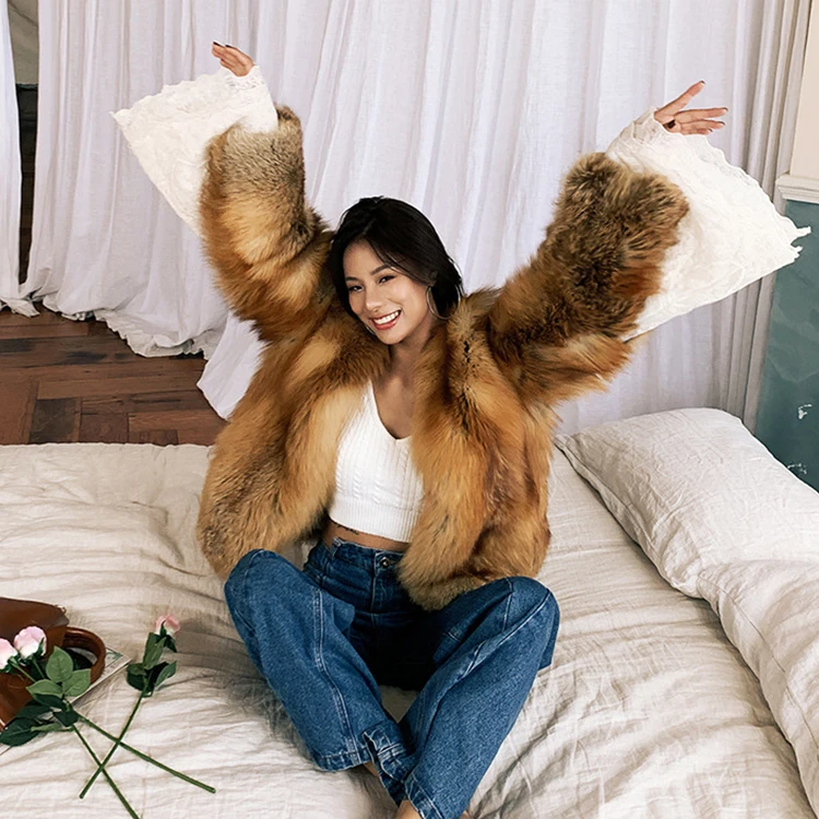 

Elegant style luxury natural color plus size coat real red fox fur womens coats with lace cuffs