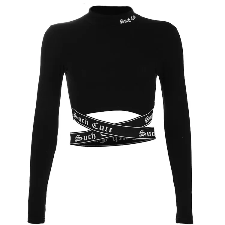 wholesale custom logo female  sexy trendy turtle neck crop top sweatshirt long sleeve