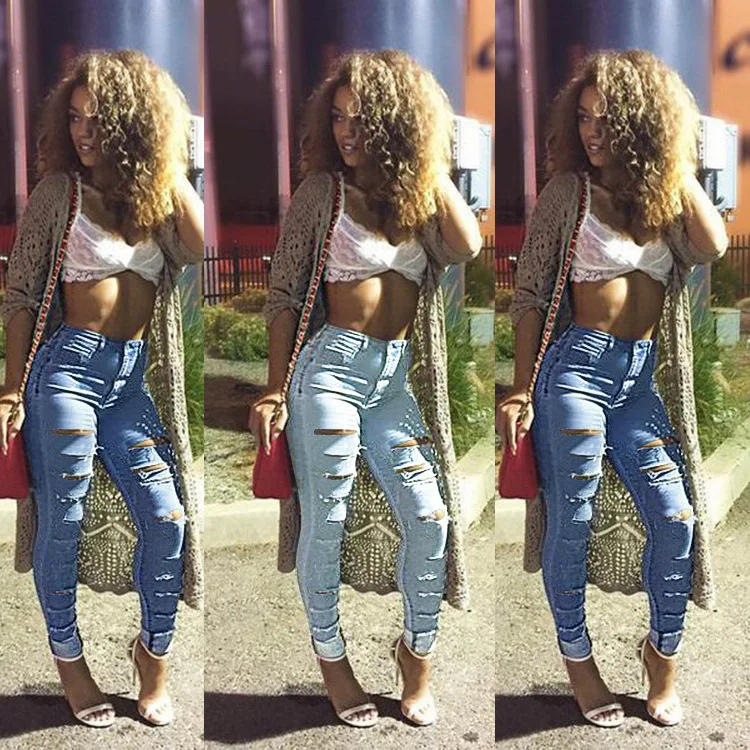

New women's fashion personality ripped denim pants, Picture color