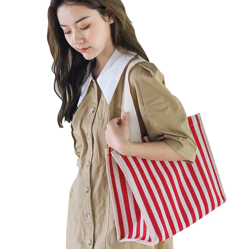 

Custom Color Logo Stripe Large Cotton Canvas Tote Shopping Bags Canvas Shoulder Bag, Black, yellow, red, blue