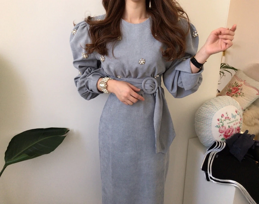 

Chic Spring New Women Casual Retro Corduroy Belt Dress Female Vintage Elegant Party Lace Up