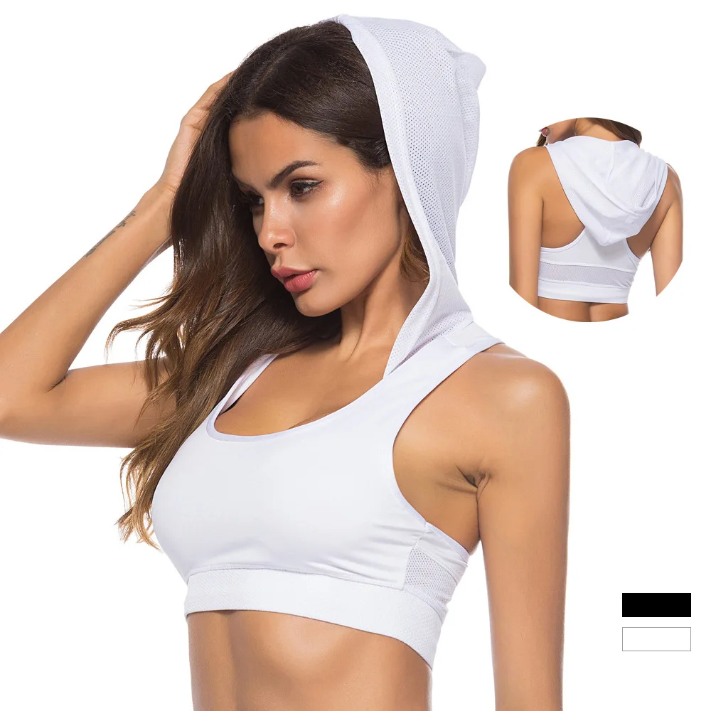 

Custom logo ladies sleeveless polyester spandex crop tank top sport fitness gym womens hooded sports bra with hoodie