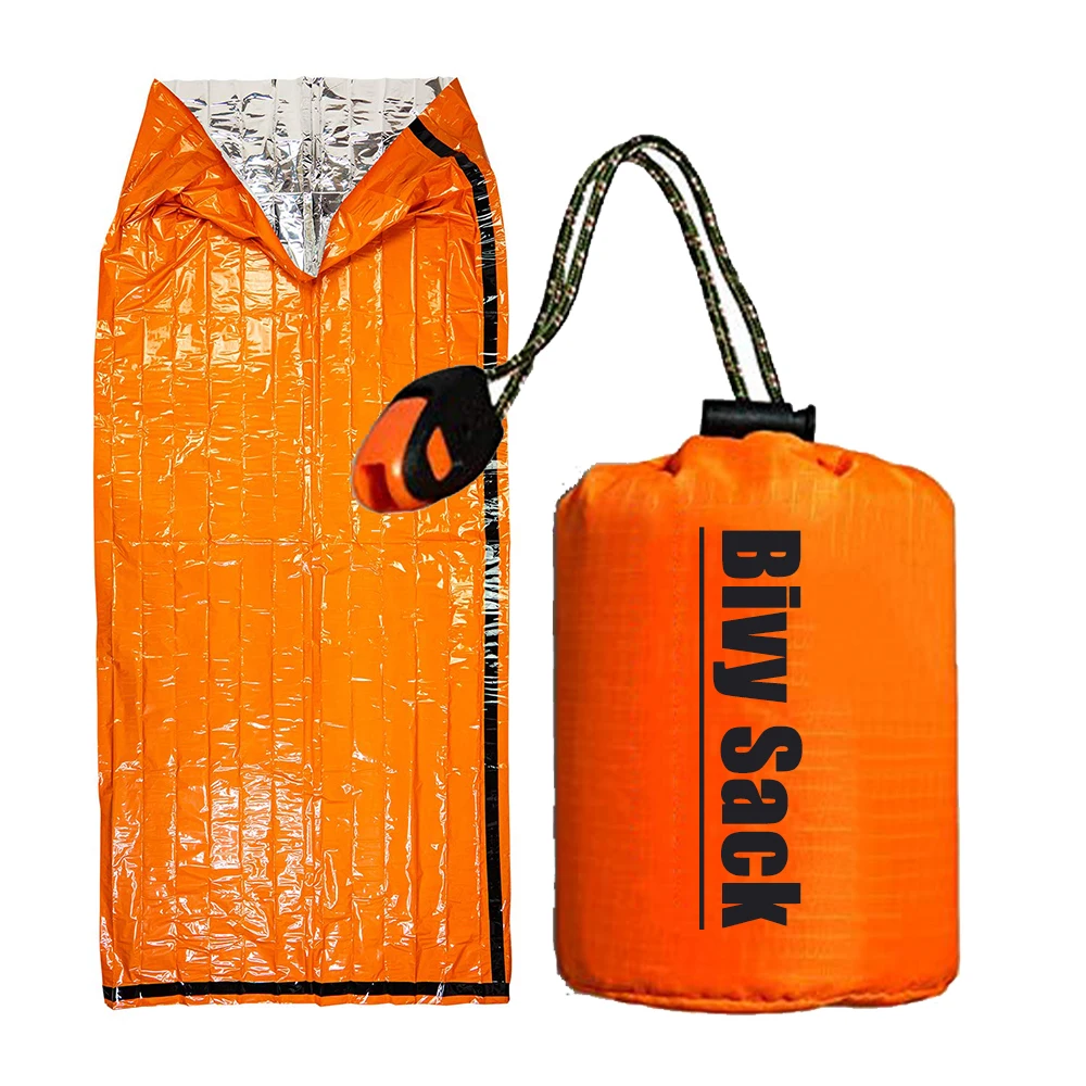 

Compact Emergency Bivy Sack Sleeping Bag with Whistle, Orange/army green/silvery