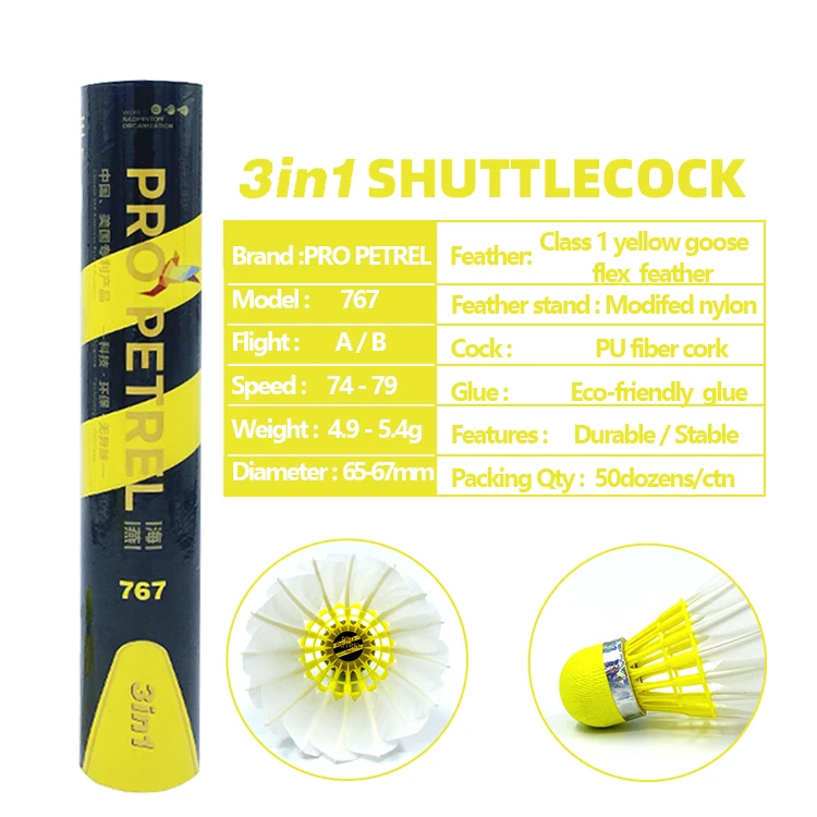 

3 in 1 Hot Seller Pro Petrel 767 Club Training Promotional fluorescent yellow PU cork feather Badminton Shuttlecock