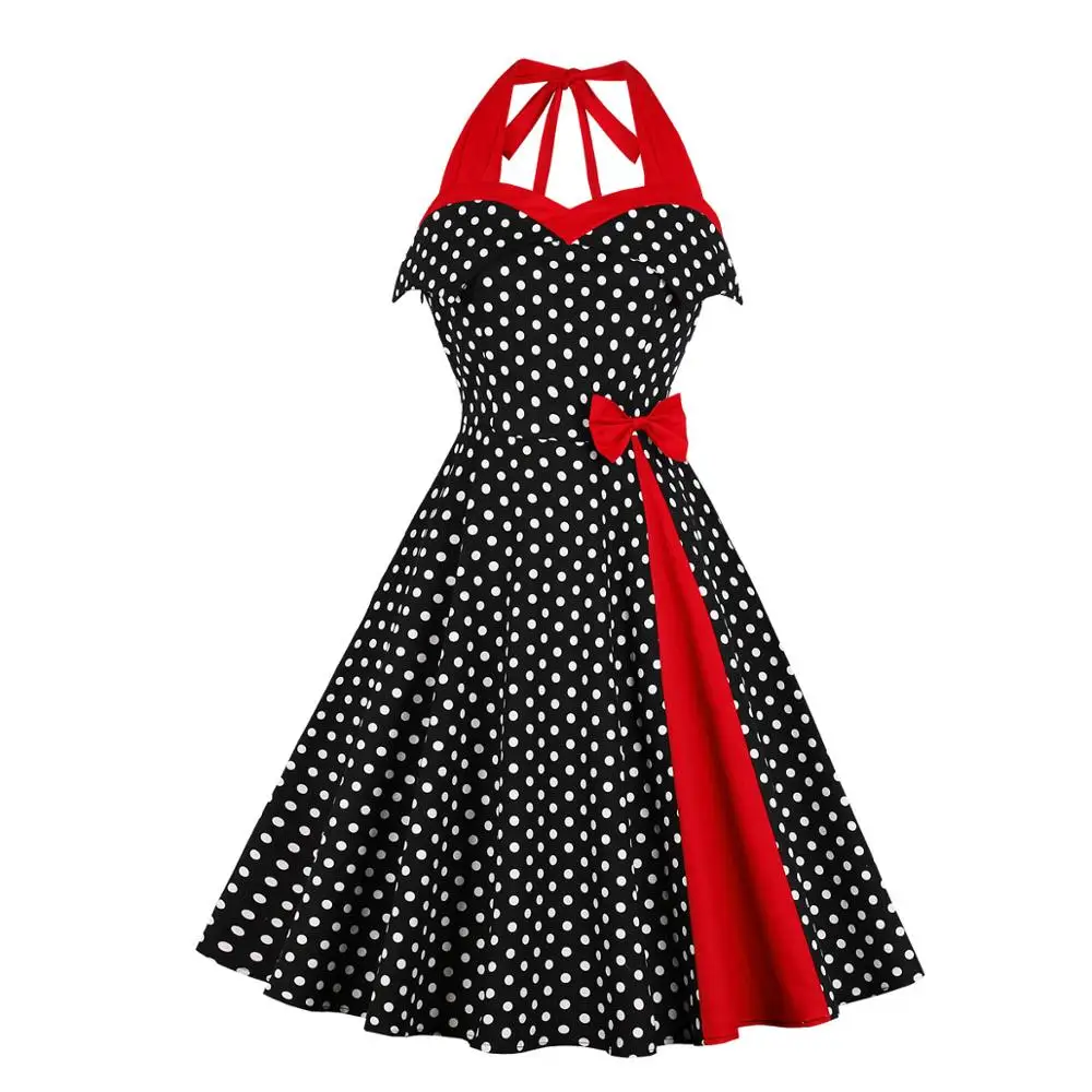 

Women 50s 60s vintage polka dots halter neck slim slim dress cheap casual cotton dresses with pockets