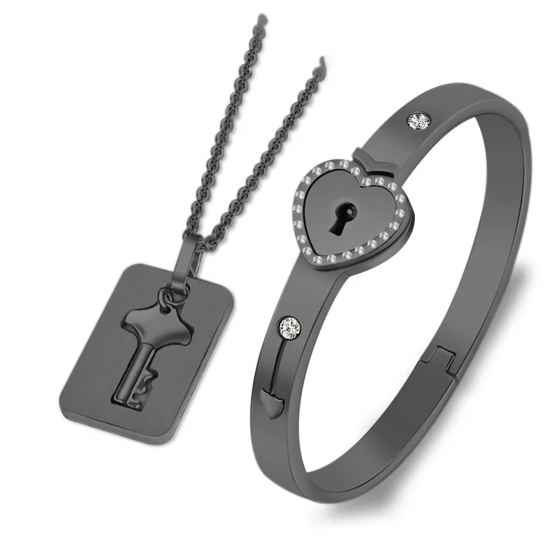 

3 Color Stainless Steel Diamond Love Heart Lock Bracelets Bangles Key Pendant Necklace For Lovers Couple Jewelry Sets, Silver