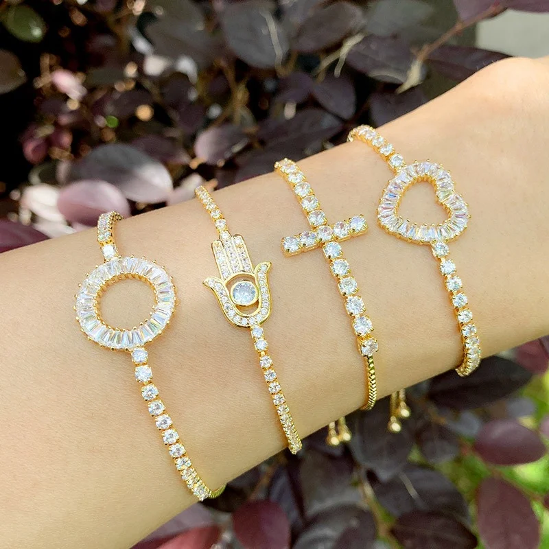 

Fashion New Gold Box chain zircon hamsa cross Love heart Charm Bracelet women