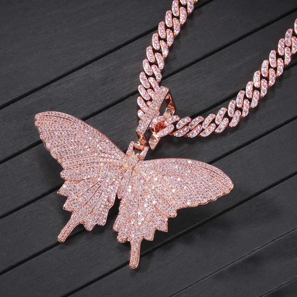 

Luxury rose gold plated pink cubic zirconia cuban chain butterfly shaped necklace, Picture shows