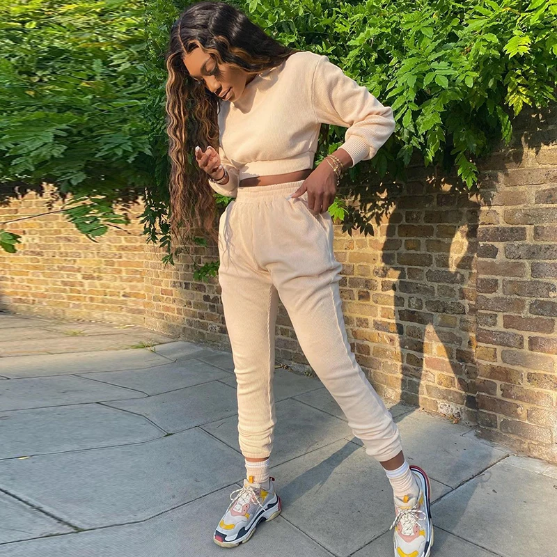 

Sleeve Pencil Matching Crop Top Long Lady Ladies Two Piece Knit Women 2 Pieces Jogger Pants Set