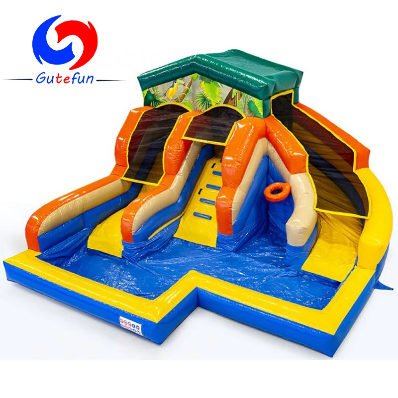 

GUTEFUN HOT sale two lane Inflatable water slide city with pool, double lane inflatable water slide island for kids