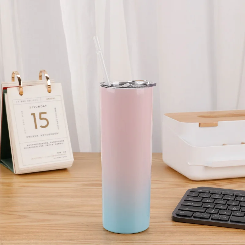 

Unbreakable Slim 20oz Double walled Stainless steel Water Gradient Sublimation tumbler wtih straw, White