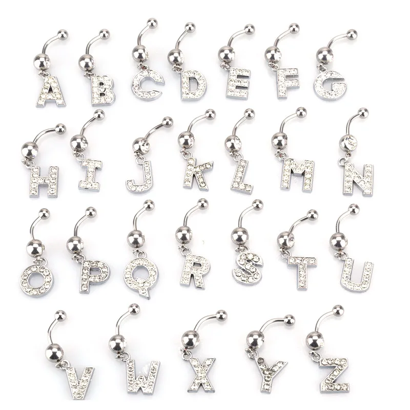 

Fashion Body Jewelry Stainless Steel 26 Letter Charming Body Piercing Crystal Alphabet Navel Belly Button Ring