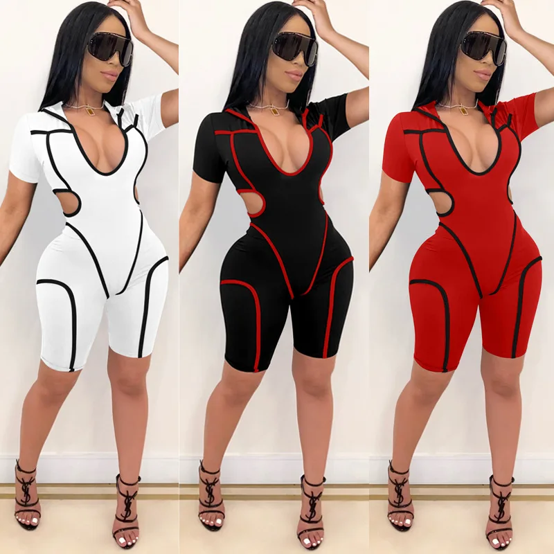 

TOB custom private club wear sexy one piece tight V-neck home shorts jumpsuit for women AM707