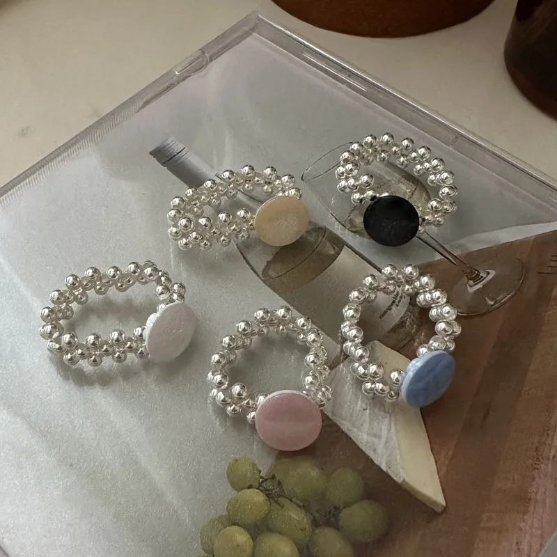 Fashion Trendy S925 Sterling Silver Beads Rings With Colorful Stone Elastic Rings for Women Jewelry Accessories