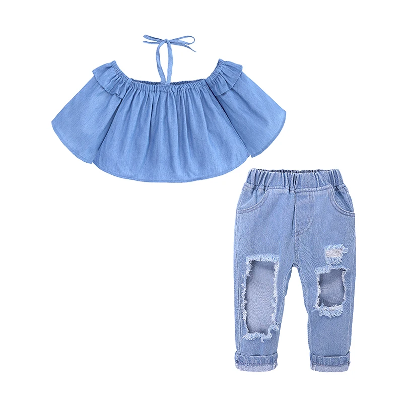 

China Wholesale Cotton Cute Summer Baby Girl Off Shoulder Boutique Clothes Set, Blue summer clothes for girls