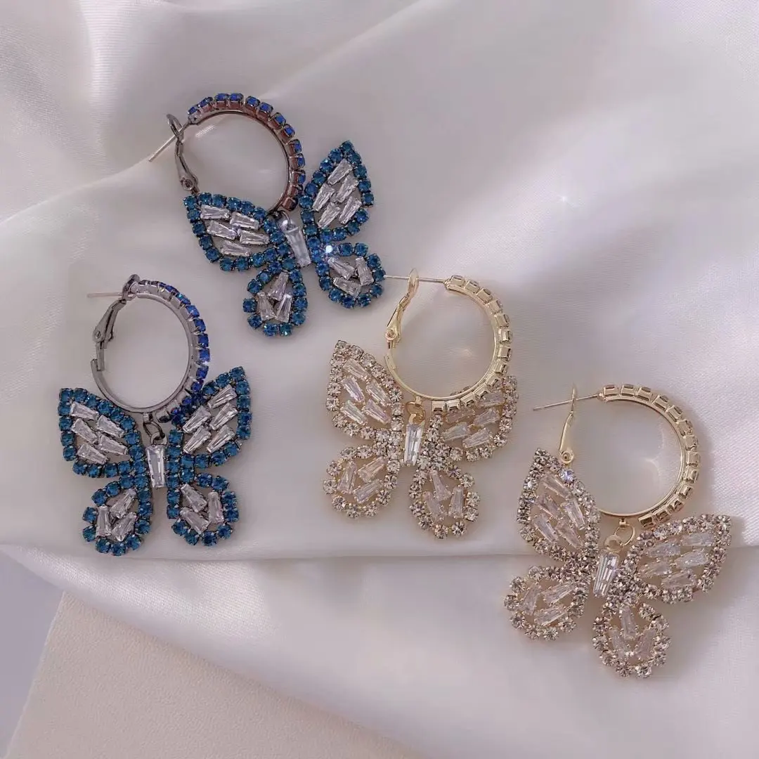 

New Full Diamond Butterfly Earrings Blue Zircon Butterfly Pendant Hoop Earrings Women 2021, Like picture