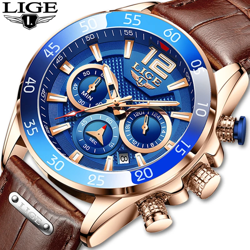 

LIGE Fashion Men Watches Leather Sports Watch Men Quartz Clock Waterproof Wristwatches