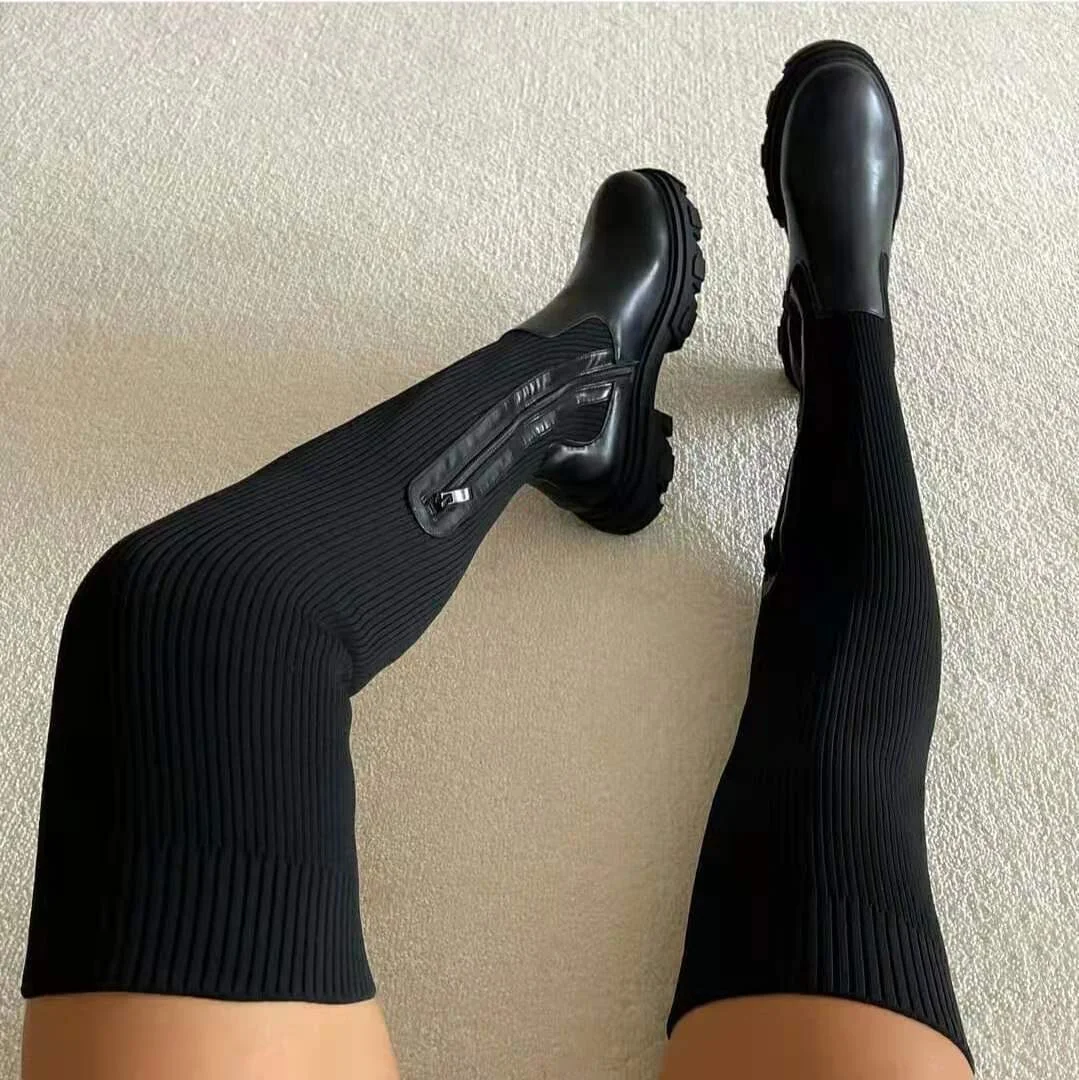 

Factory Wholesale Fashion Knit Stitching Footwear Ladies Over Knee Girls PU Thigh High Shoes Winter Women Boots
