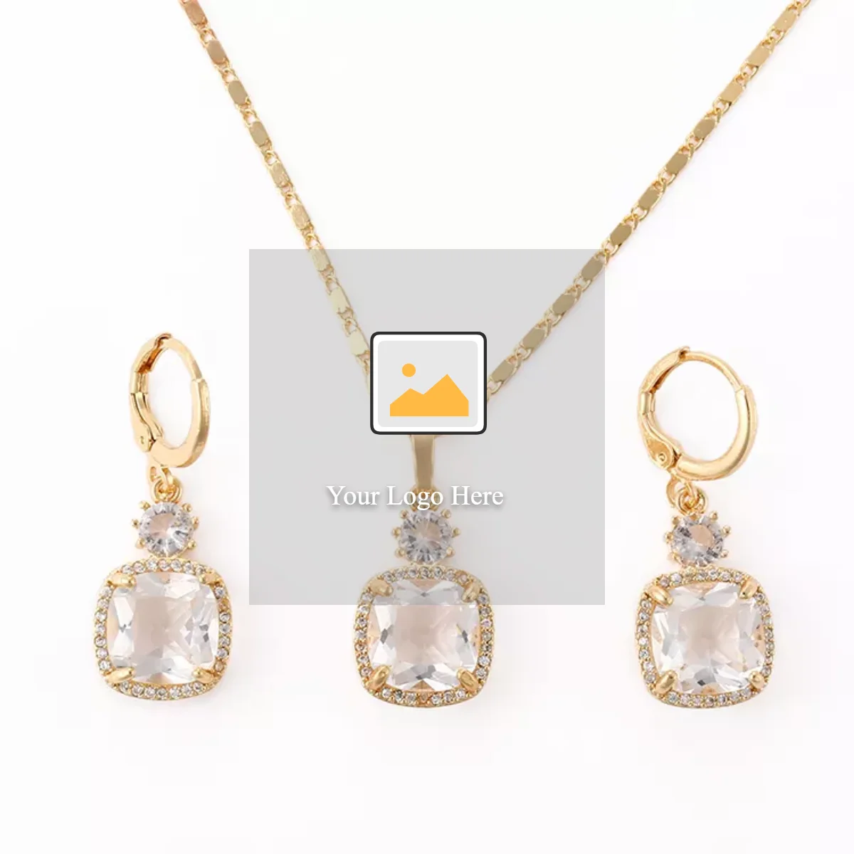 Yellow Gold Plated Clear Zircon Pendant Necklace Stud Earring Bridal Jewelry Set 