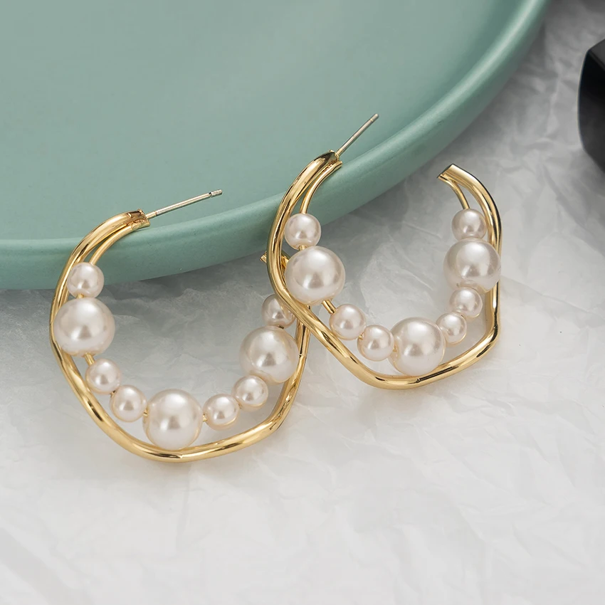 

funky trendy custom 18K Gold filled imitation plastic pearl 2 layer large hoop earrings for women girl, As photo