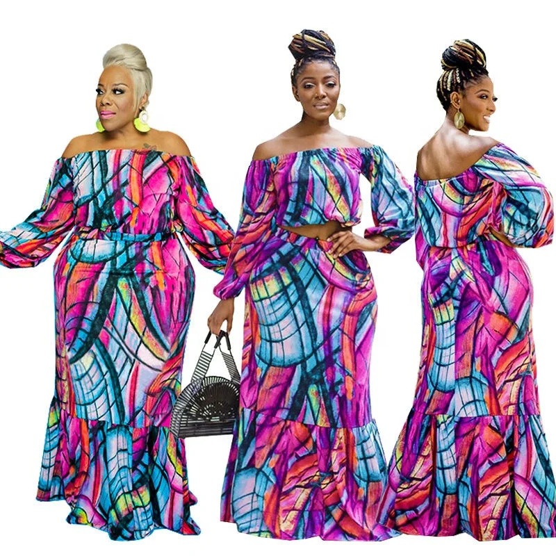

Hot Sale Plus Size Dress Skirts Sexy Off Shoulder Long Sleeve Print Crop Top Skirts Women Long Maxi Two Piece Skirt Set